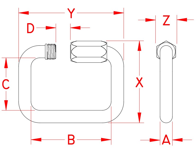 Stainless Steel Square Quick Link, S0160-SQ03, S0160-SQ04, S0160-SQ05, S0160-SQ06, S0160-SQ07, S0160-SQ08, S0160-SQ09, S0160-SQ10, S0160-SQ12, S0160-SQ14, S0160-SQ16, Line Drawing